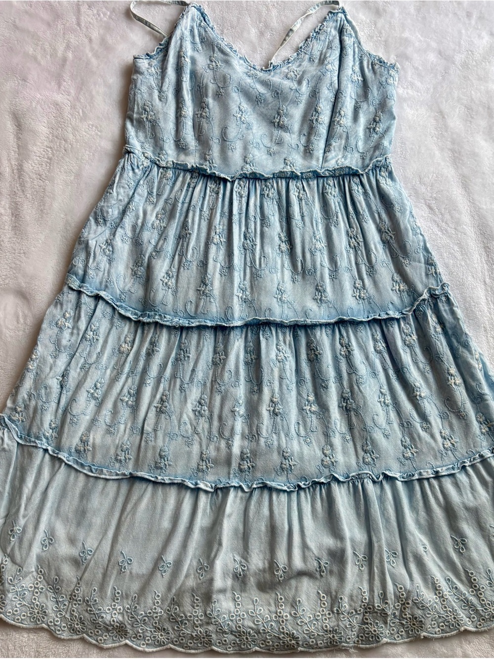 Light Blue Eyelet Embroidered Smocked Back Tiered Ruffle Dress